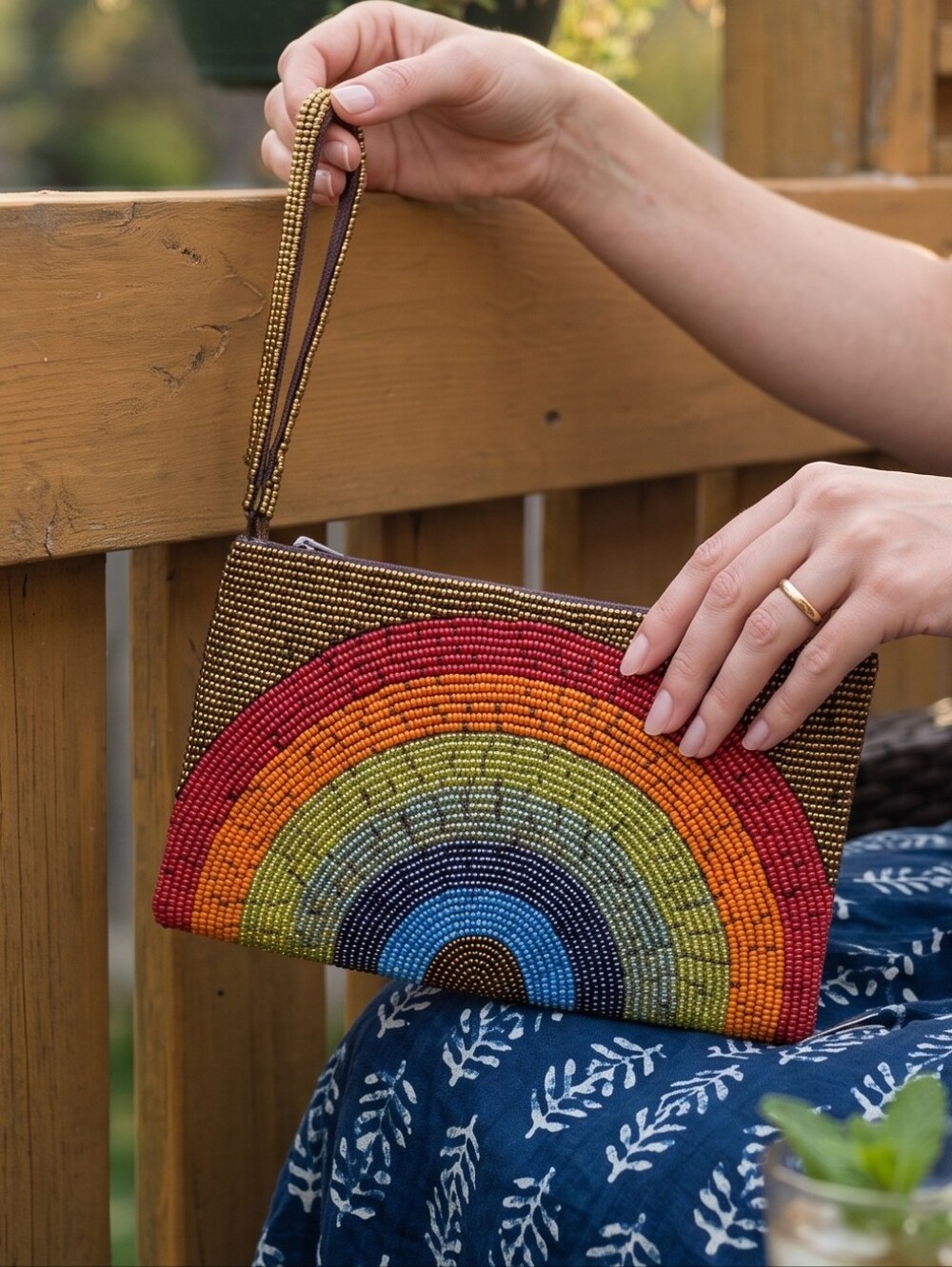 NWT Beaded Rainbow Wristlet Clutch Bag Bohemian Dopamine Festival Pouch Handmade